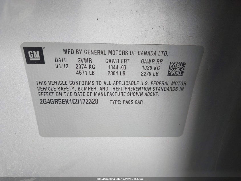 2012 Buick Regal VIN: 2G4GR5EK1C9172328 Lot: 45648354