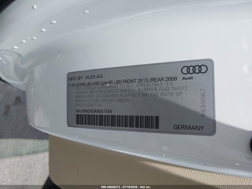 2019 Audi A5 45 Premium VIN: WAUWNGF50KN001546 Lot: 45648372