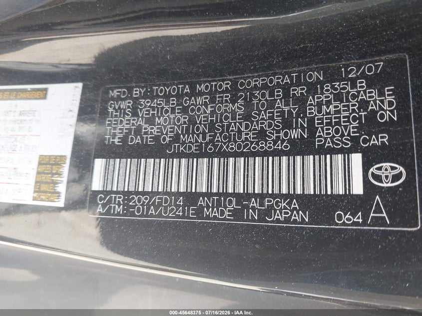 2008 Scion Tc VIN: JTKDE167X80268846 Lot: 45648375