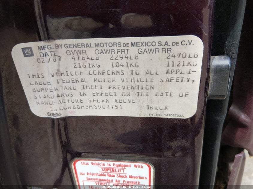 1987 Chevrolet El Camino VIN: 3GCCW80H3HS907751 Lot: 45648383