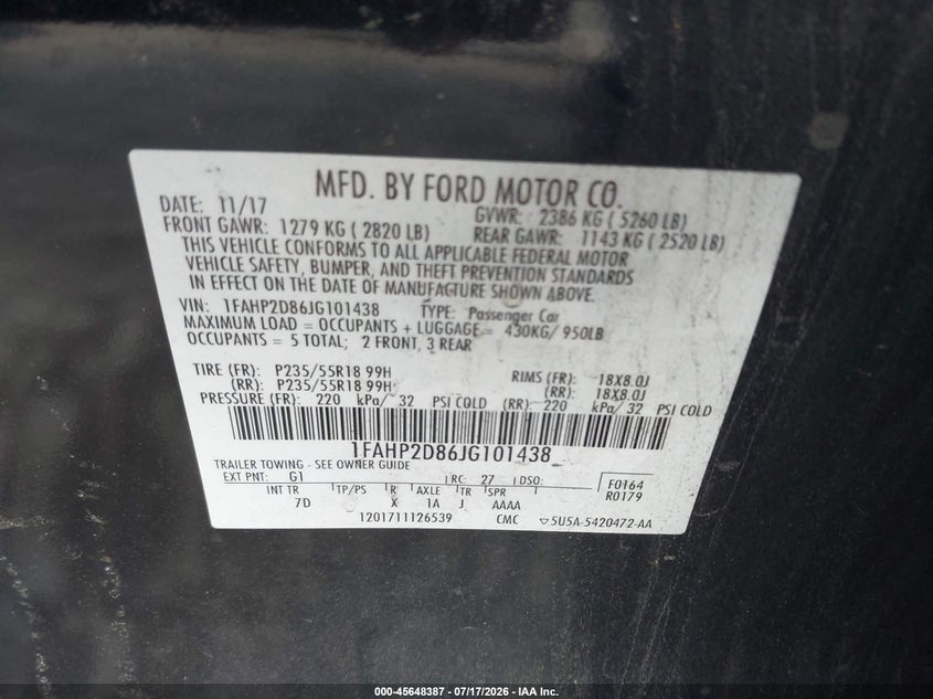 2018 Ford Taurus Se VIN: 1FAHP2D86JG101438 Lot: 45648387