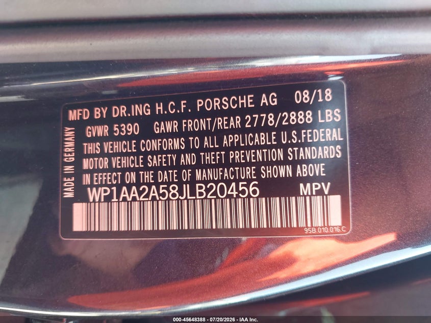 PORSCHE MACAN 2018 VIN WP1AA2A58JLB20456