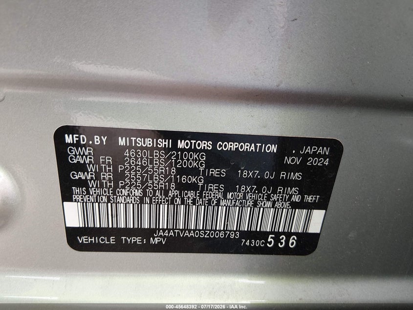 2025 Mitsubishi Eclipse Cross Le S-Awc/Ralliart S-Awc VIN: JA4ATVAA0SZ006793 Lot: 45648392
