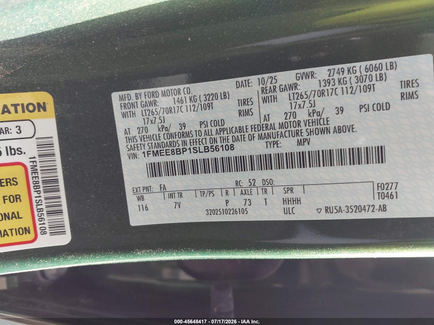 2025 Ford Bronco Outer Banks VIN: 1FMEE8BP1SLB56108 Lot: 45648417