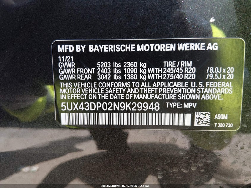 2022 BMW X3 Sdrive30I VIN: 5UX43DP02N9K29948 Lot: 45648429