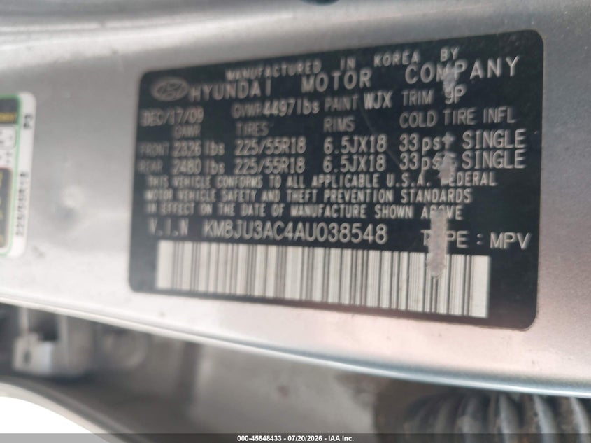 2010 Hyundai Tucson Limited VIN: KM8JU3AC4AU038548 Lot: 45648433