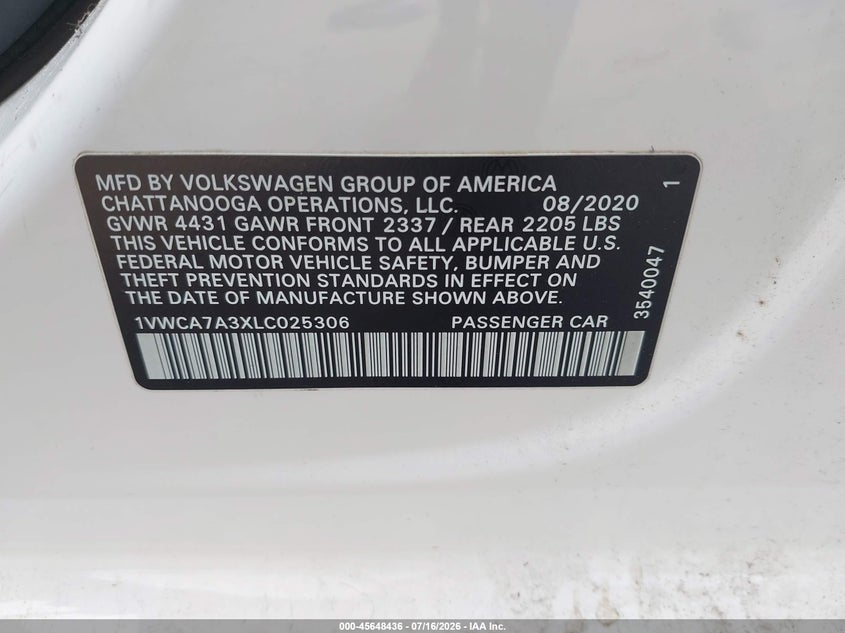 2020 Volkswagen Passat 2.0T Sel VIN: 1VWCA7A3XLC025306 Lot: 45648436