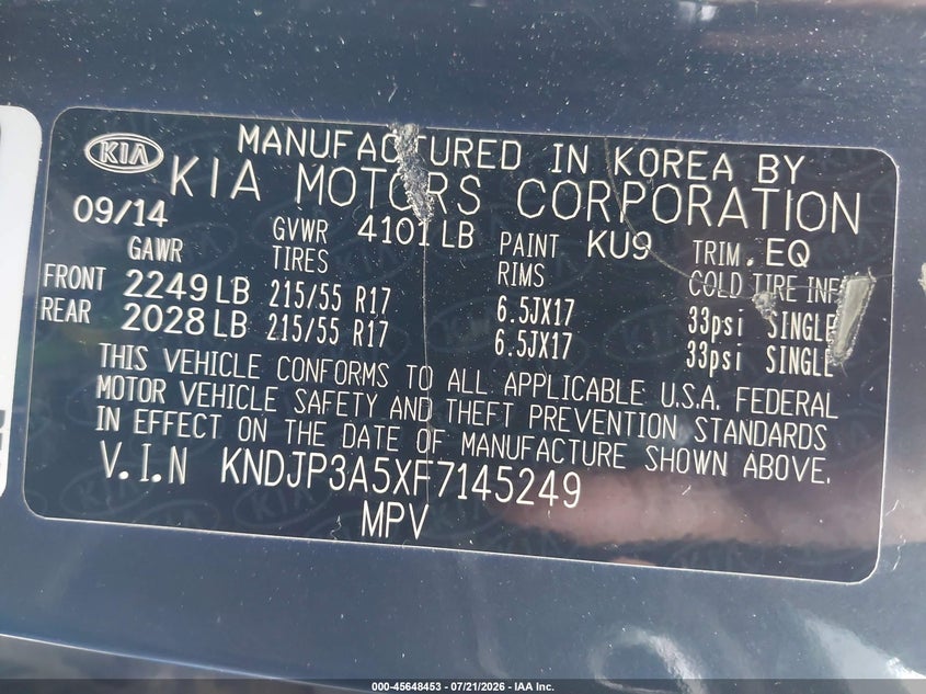 2015 Kia Soul + VIN: KNDJP3A5XF7145249 Lot: 45648453