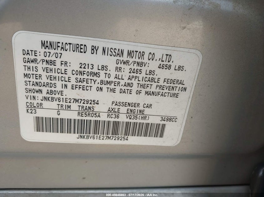 2007 Infiniti G35 Sport VIN: JNKBV61E27M729254 Lot: 45648463