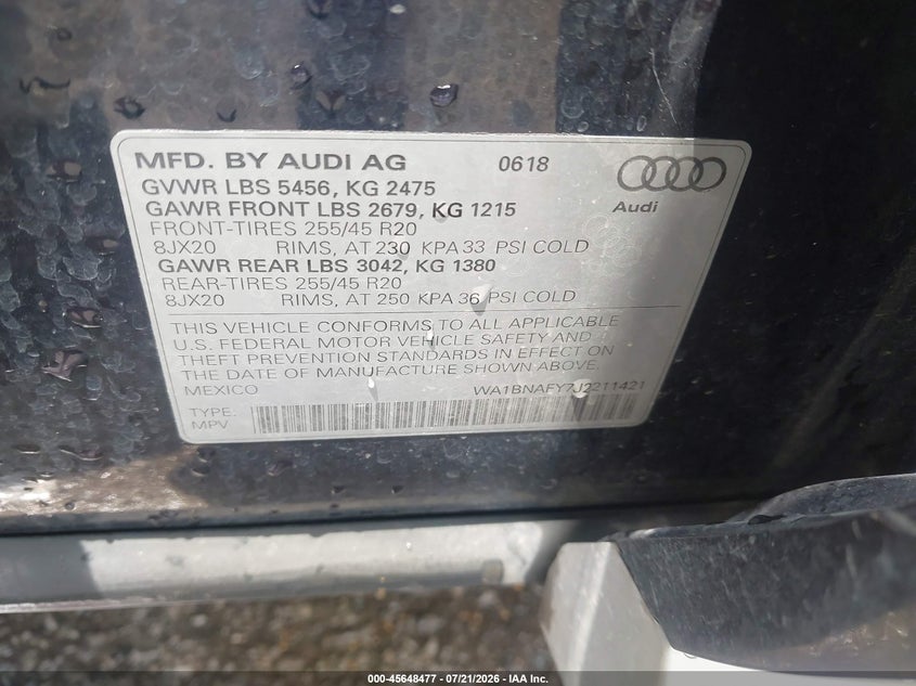 2018 Audi Q5 2.0T Premium/2.0T Tech Premium VIN: WA1BNAFY7J2211421 Lot: 45648477