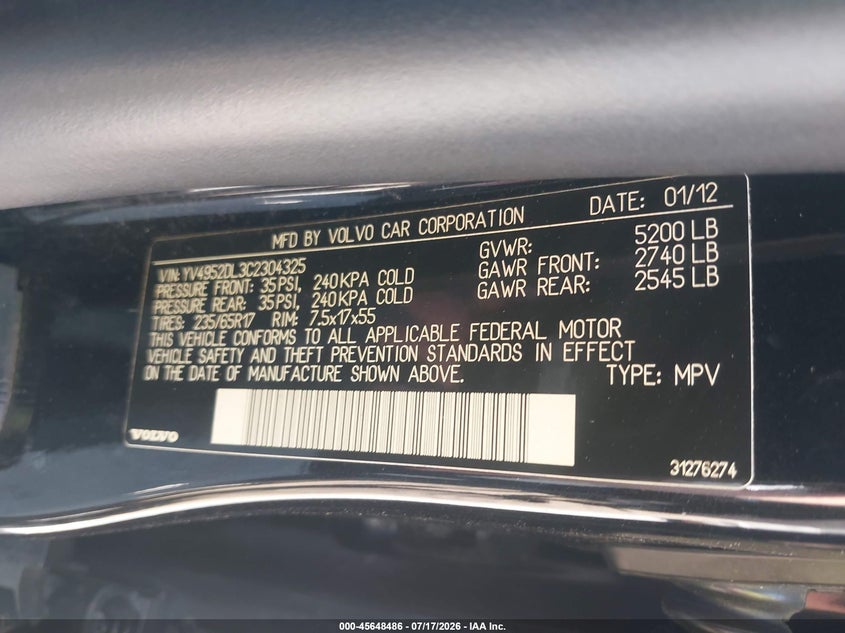 2012 Volvo Xc60 3.2/3.2 Platinum/3.2 Premier/3.2 Premier Plus VIN: YV4952DL3C2304325 Lot: 45648486