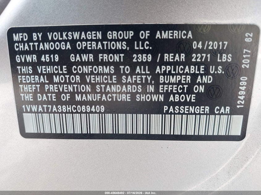 2017 Volkswagen Passat 1.8T S VIN: 1VWAT7A38HC069409 Lot: 45648492