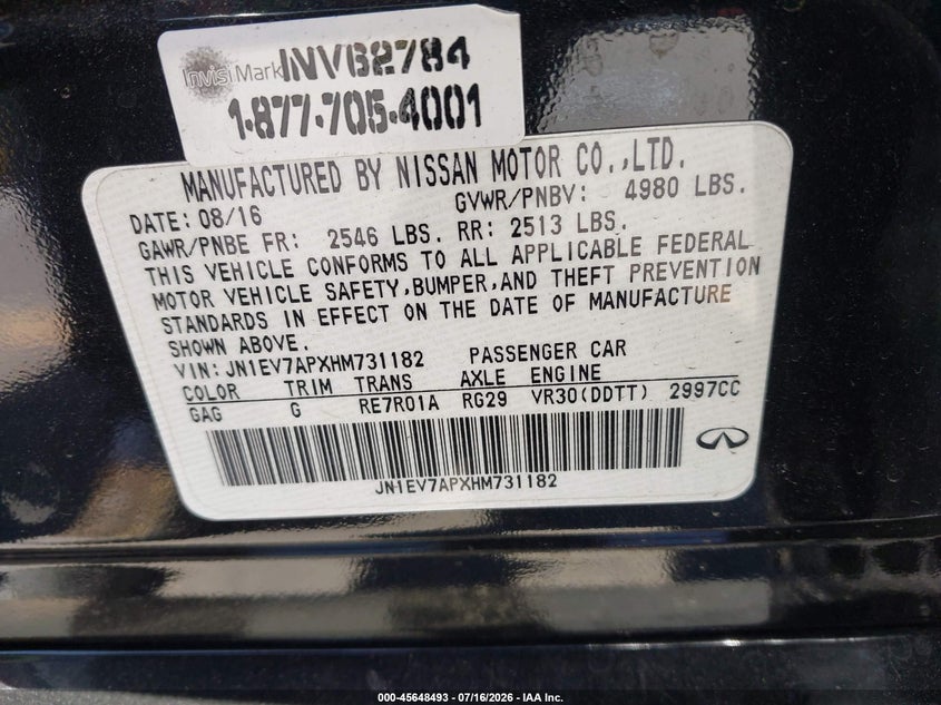 2017 Infiniti Q50 3.0T Premium VIN: JN1EV7APXHM731182 Lot: 45648493