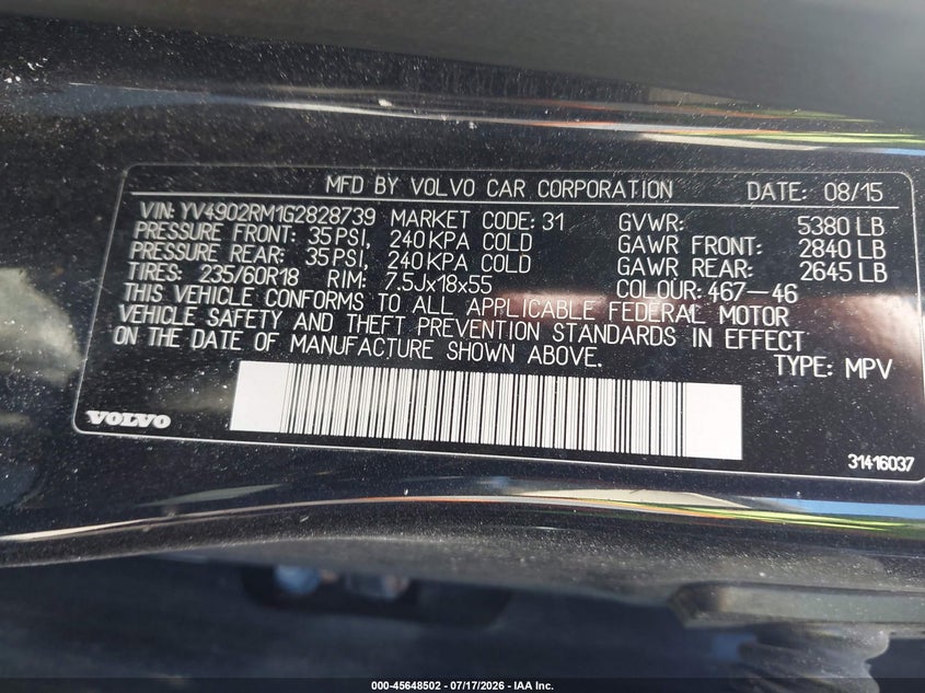 2016 Volvo Xc60 T6 Platinum VIN: YV4902RM1G2828739 Lot: 45648502