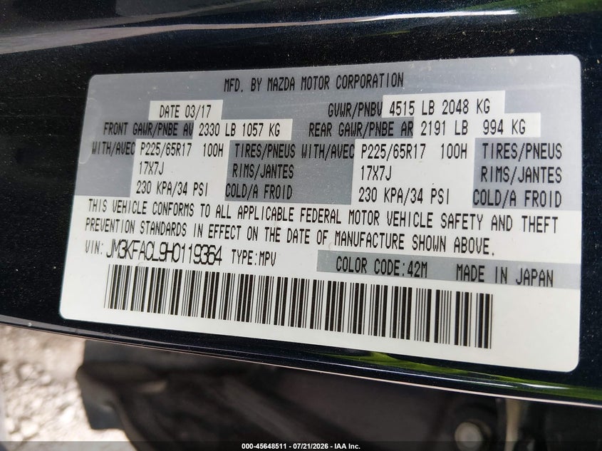 2017 Mazda Cx-5 Touring VIN: JM3KFACL9H0119364 Lot: 45648511