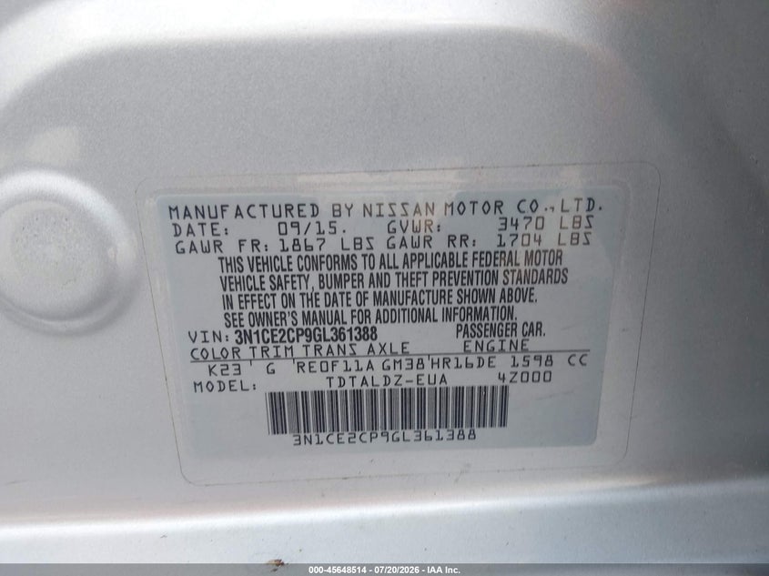 2016 Nissan Versa Note S (Sr)/S Plus/Sl/Sr/Sv VIN: 3N1CE2CP9GL361388 Lot: 45648514