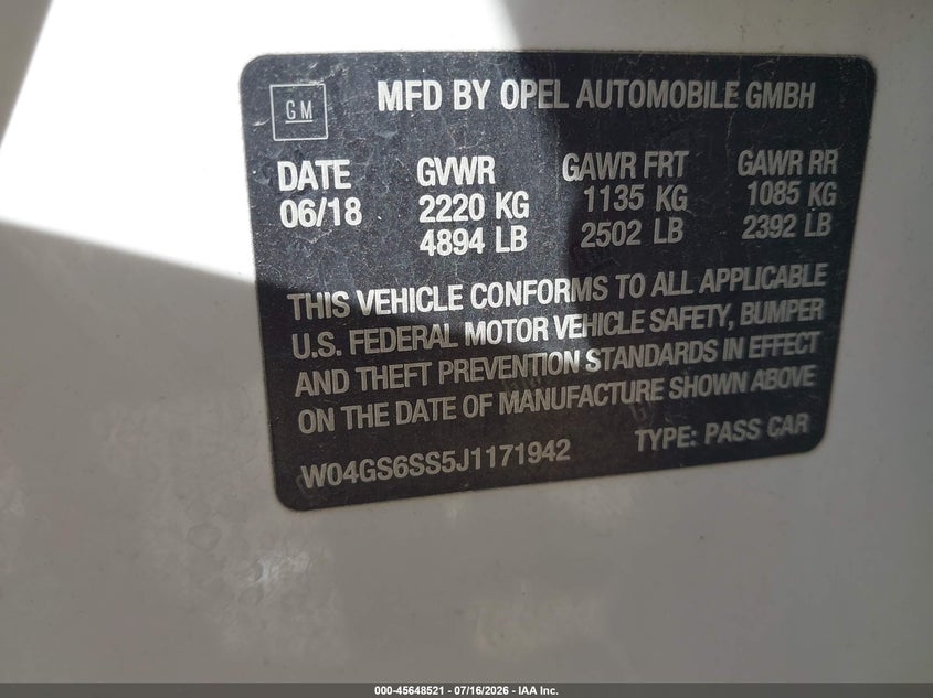2018 Buick Regal Sportback Gs VIN: W04GS6SS5J1171942 Lot: 45648521