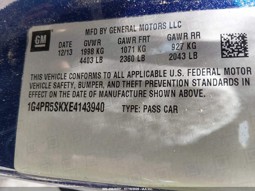 2014 Buick Verano Convenience Group VIN: 1G4PR5SKXE4143940 Lot: 45648551