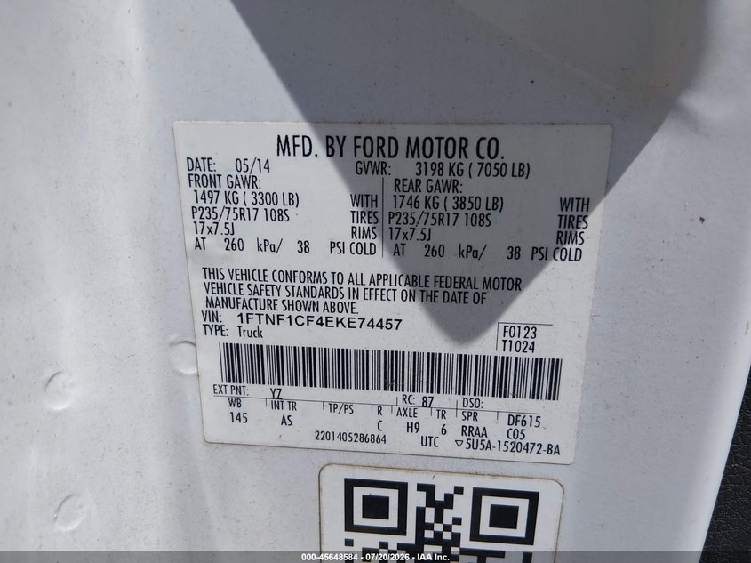 2014 Ford F-150 Xl VIN: 1FTNF1CF4EKE74457 Lot: 45648584