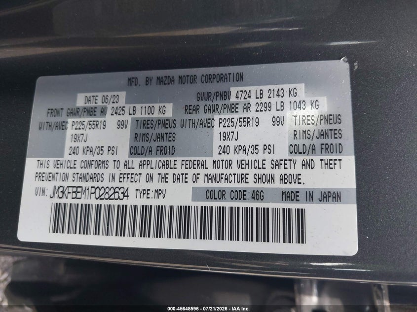 MAZDA CX-5 2023 VIN JM3KFBEM1P0282634