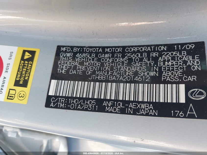 2010 Lexus Hs 250H Premium VIN: JTHBB1BA7A2014612 Lot: 45648606