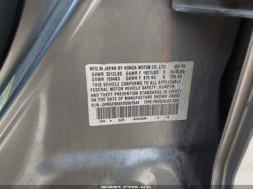 2009 Honda Fit Sport VIN: JHMGE886X9S067549 Lot: 45648616