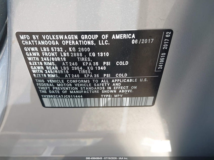 2018 Volkswagen Atlas 3.6L V6 Launch Edition VIN: 1V2BR2CA7JC511444 Lot: 45648649