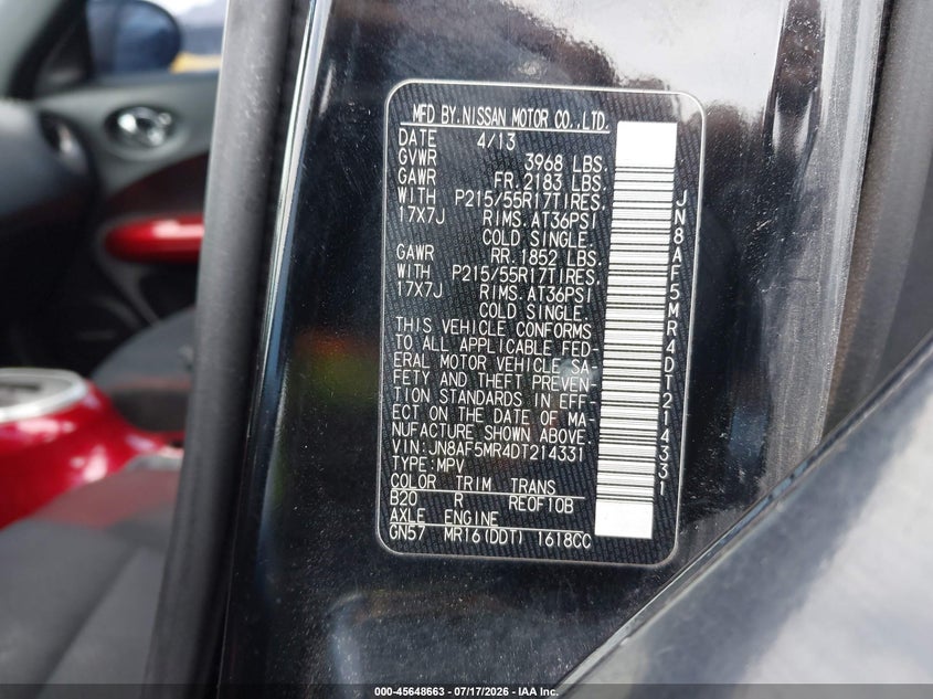 2013 Nissan Juke Sv VIN: JN8AF5MR4DT214331 Lot: 45648663