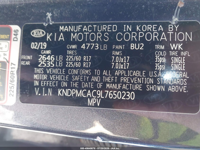 2020 Kia Sportage Lx VIN: KNDPMCAC9L7650230 Lot: 45648676