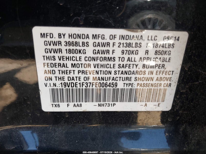2015 Acura Ilx 2.0L VIN: 19VDE1F37FE006459 Lot: 45648697