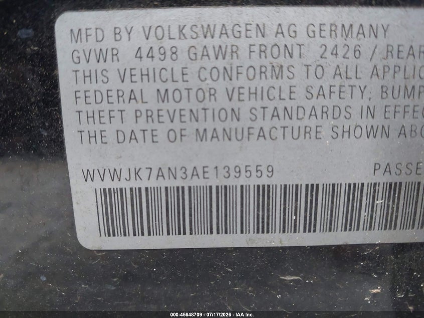 2010 Volkswagen Passat Komfort VIN: WVWJK7AN3AE139559 Lot: 45648709