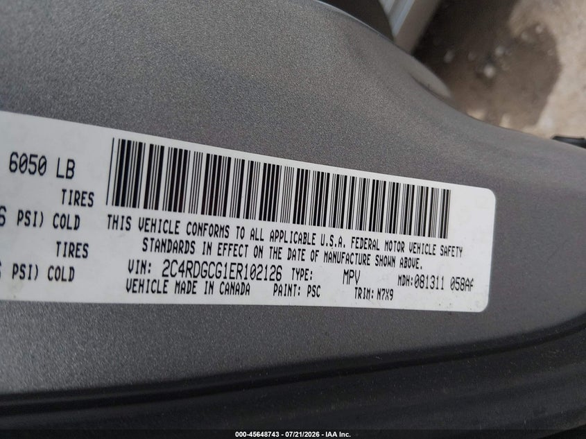 2014 Dodge Grand Caravan Sxt VIN: 2C4RDGCG1ER102126 Lot: 45648743