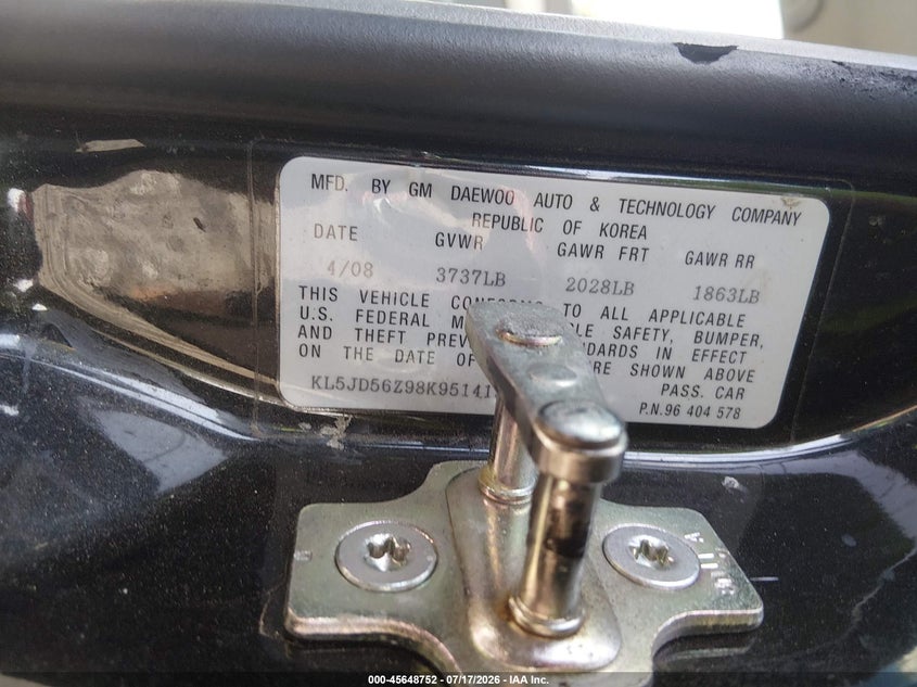 2008 Suzuki Forenza Convenience/Popular VIN: KL5JD56Z98K951413 Lot: 45648752
