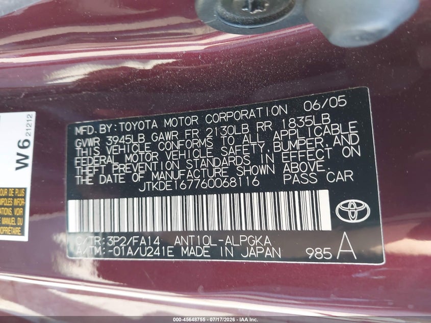 2006 Scion Tc VIN: JTKDE167760068116 Lot: 45648755