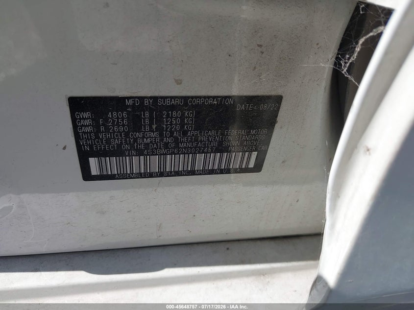 2022 Subaru Legacy Touring Xt VIN: 4S3BWGP62N3027457 Lot: 45648757