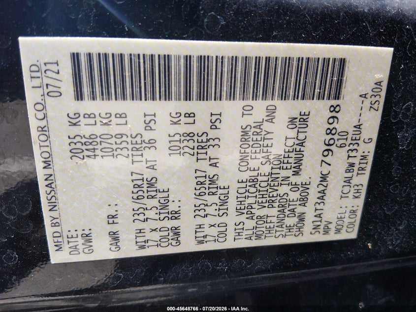 2021 Nissan Rogue S Fwd VIN: 5N1AT3AA2MC796898 Lot: 45648766