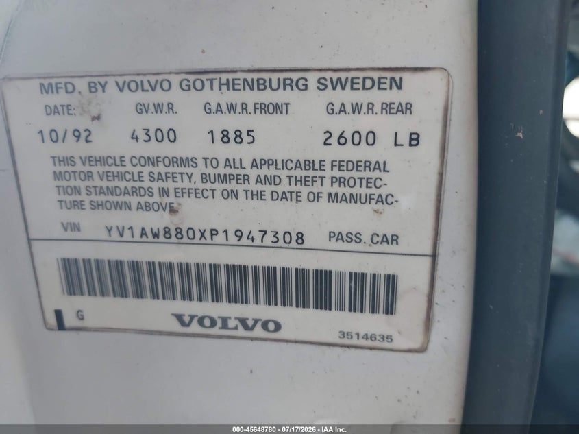 1993 Volvo 240 VIN: YV1AW880XP1947308 Lot: 45648780