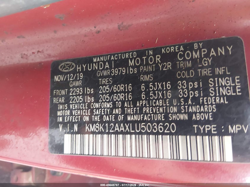2020 Hyundai Kona Se VIN: KM8K12AAXLU503620 Lot: 45648787