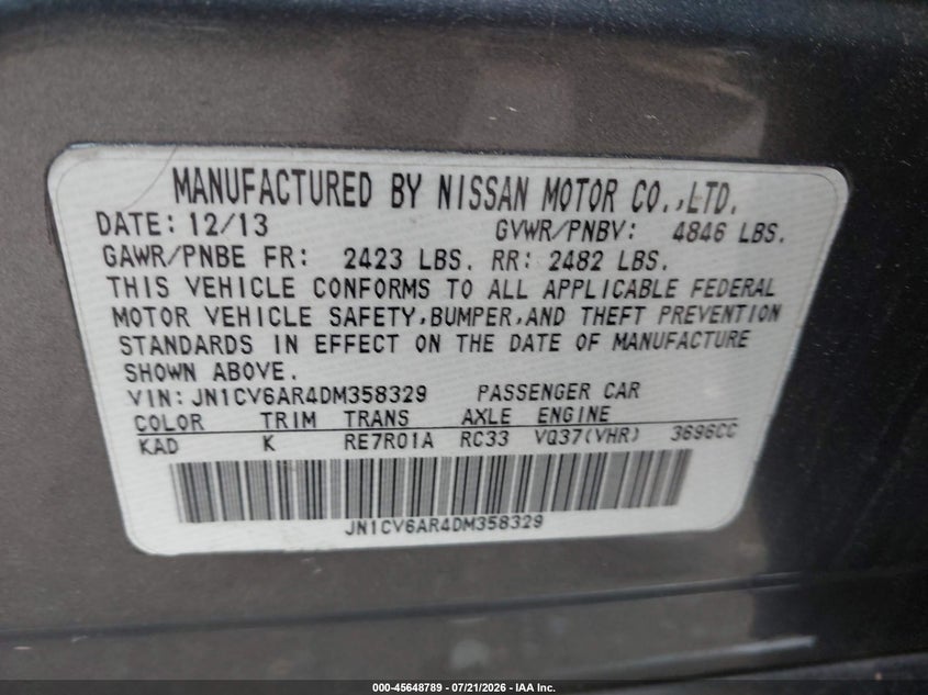 2013 Infiniti G37X VIN: JN1CV6AR4DM358329 Lot: 45648789