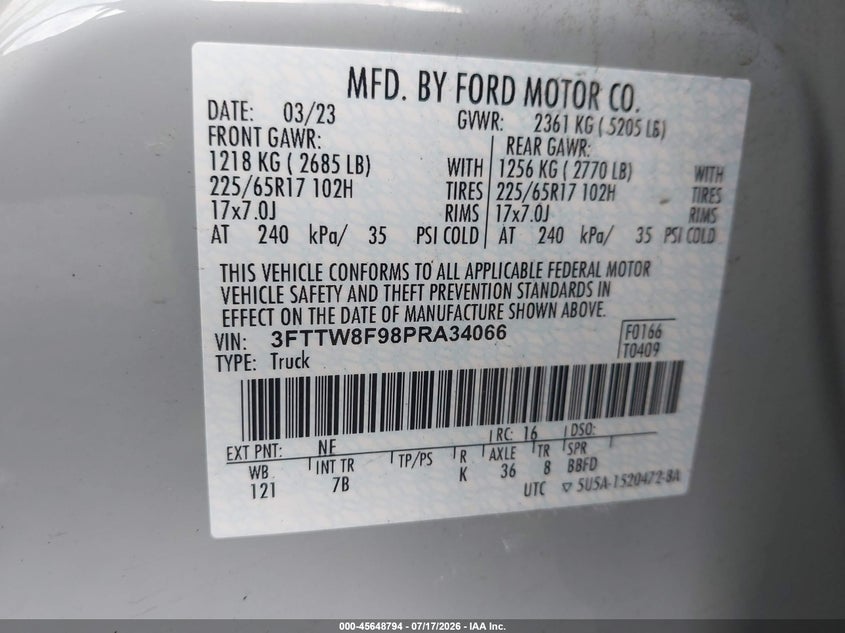 2023 Ford Maverick Xlt VIN: 3FTTW8F98PRA34066 Lot: 45648794