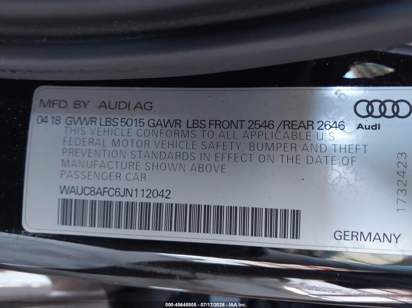2018 Audi A6 2.0T Premium/2.0T Sport VIN: WAUC8AFC6JN112042 Lot: 45648805