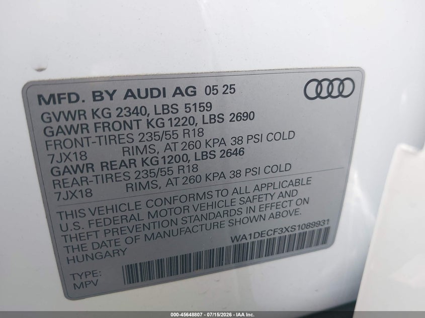 2025 Audi Q3 Premium 45 Tfsi S Line Quattro Tiptronic VIN: WA1DECF3XS1089931 Lot: 45648807