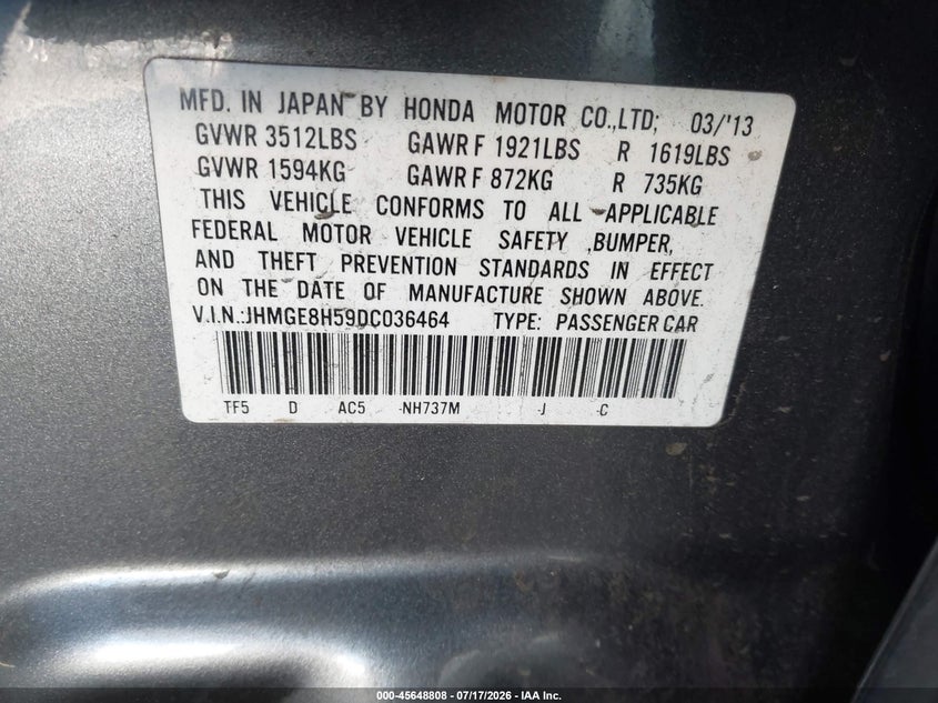 2013 Honda Fit Sport VIN: JHMGE8H59DC036464 Lot: 45648808