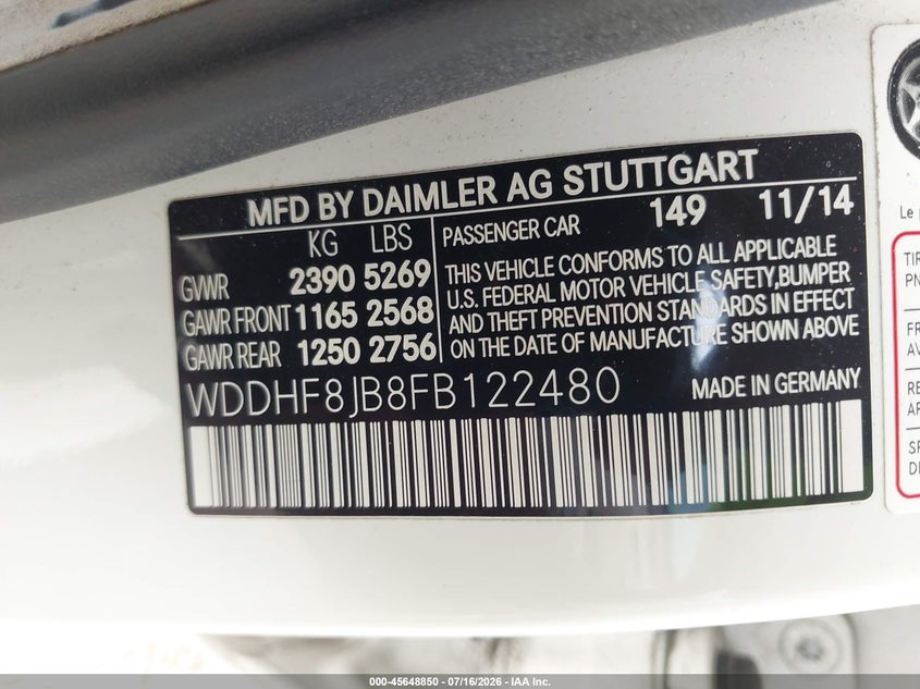2015 Mercedes-Benz E 350 4Matic VIN: WDDHF8JB8FB122480 Lot: 45648850