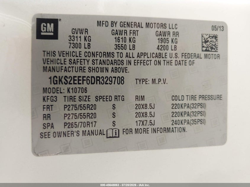 2013 GMC Yukon Denali VIN: 1GKS2EEF6DR329708 Lot: 45648863