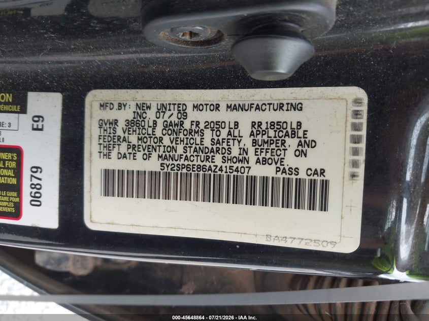 2010 Pontiac Vibe VIN: 5Y2SP6E86AZ415407 Lot: 45648864