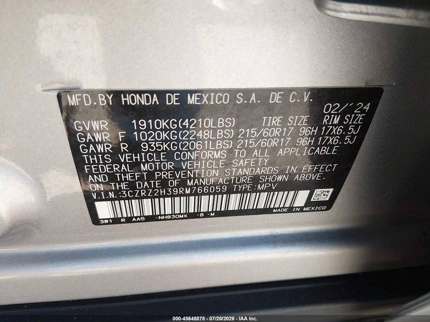 2024 Honda Hr-V Awd Lx VIN: 3CZRZ2H39RM766059 Lot: 45648878