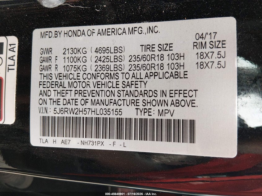 2017 Honda Cr-V Ex VIN: 5J6RW2H57HL035155 Lot: 45648901