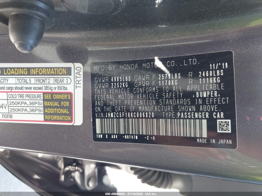 2019 Honda Clarity Plug-In Hybrid VIN: JHMZC5F16KC006820 Lot: 45648905