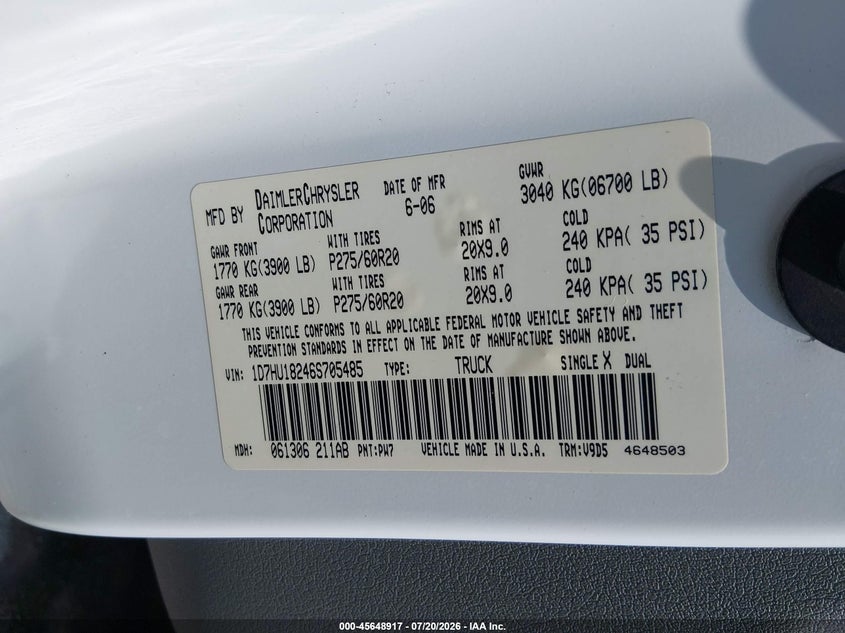 2006 Dodge Ram 1500 Slt/Trx4 Off Road/Sport VIN: 1D7HU18246S705485 Lot: 45648917
